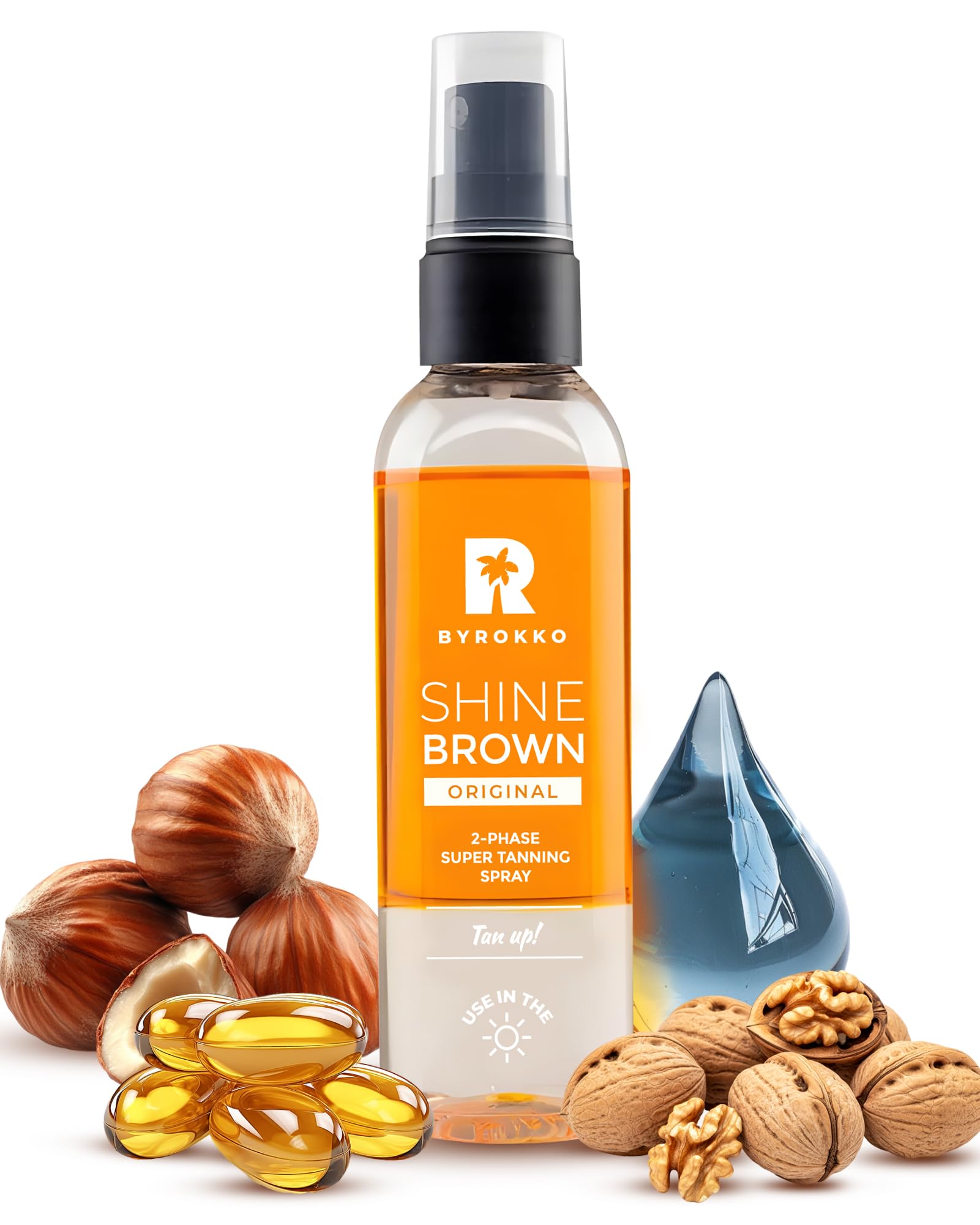 BYROKKO Shine Brown Spray Superbronceador Bifásico (100 ml), Eficaz en Solárium y al Sol, con Aceites Naturales y Ácido Hialurónico para un Bronceado más Intenso, con aroma a Mango soleado
