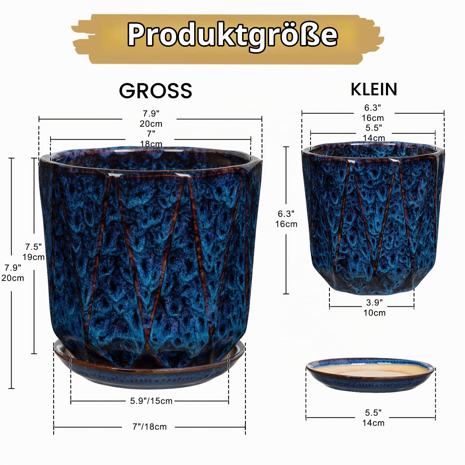 Oairse 2er-Set Blumentopf Keramik 18cm+14cm, Mittelgroßer Zylinder Blumentopf, Reaktive Glasur mit Drainageloch-Untersetzern für Zimmerpflanzen, Retro-Dekoration für Gartenbehälter-Sets im Freien