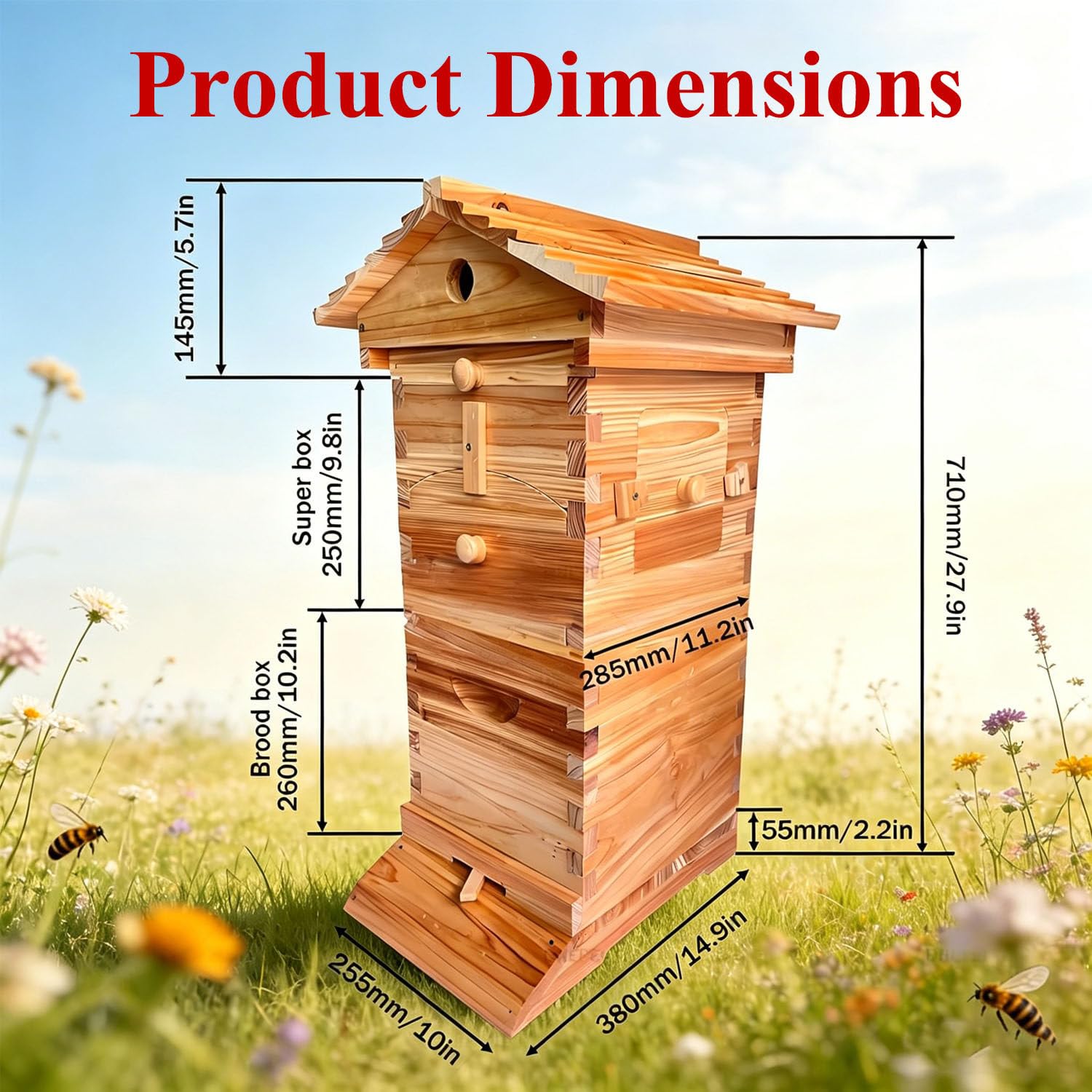 Bienenstock-Starterset, selbstblühender Honigbienenstock, komplettes Imker-Set aus Holz mit 4 Rahmen und 6 Honigwaben, für die Imkerei, Gartenbestäuber