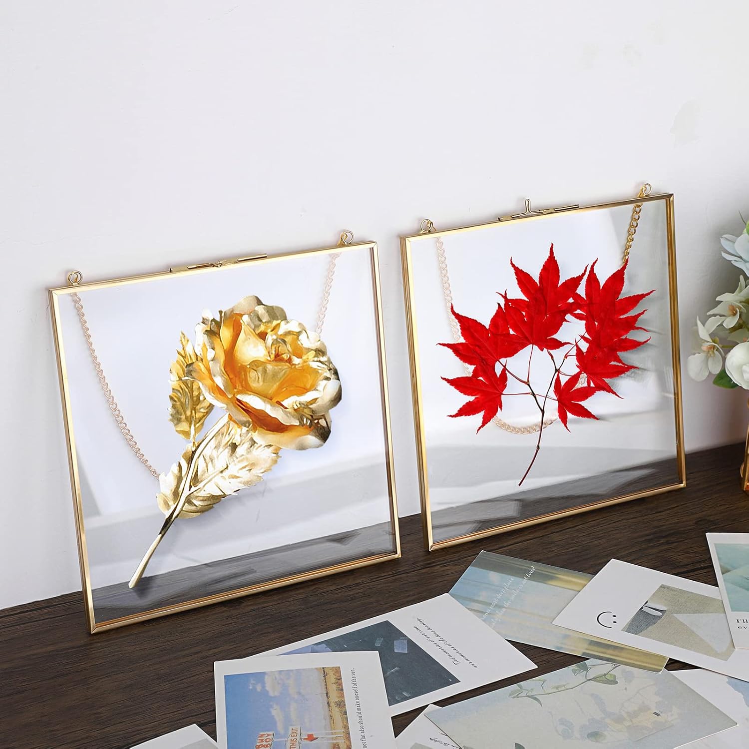 JUXYES 2 Pack Wall Hanging Brass Frame for Pressed Flowers, Glass Floating Frames for Display Dried Flowers Artwork, Double Glass Floating Style Square Gallery Wall Frame for Plants Photo Picture Poster etc, 20x20 cm