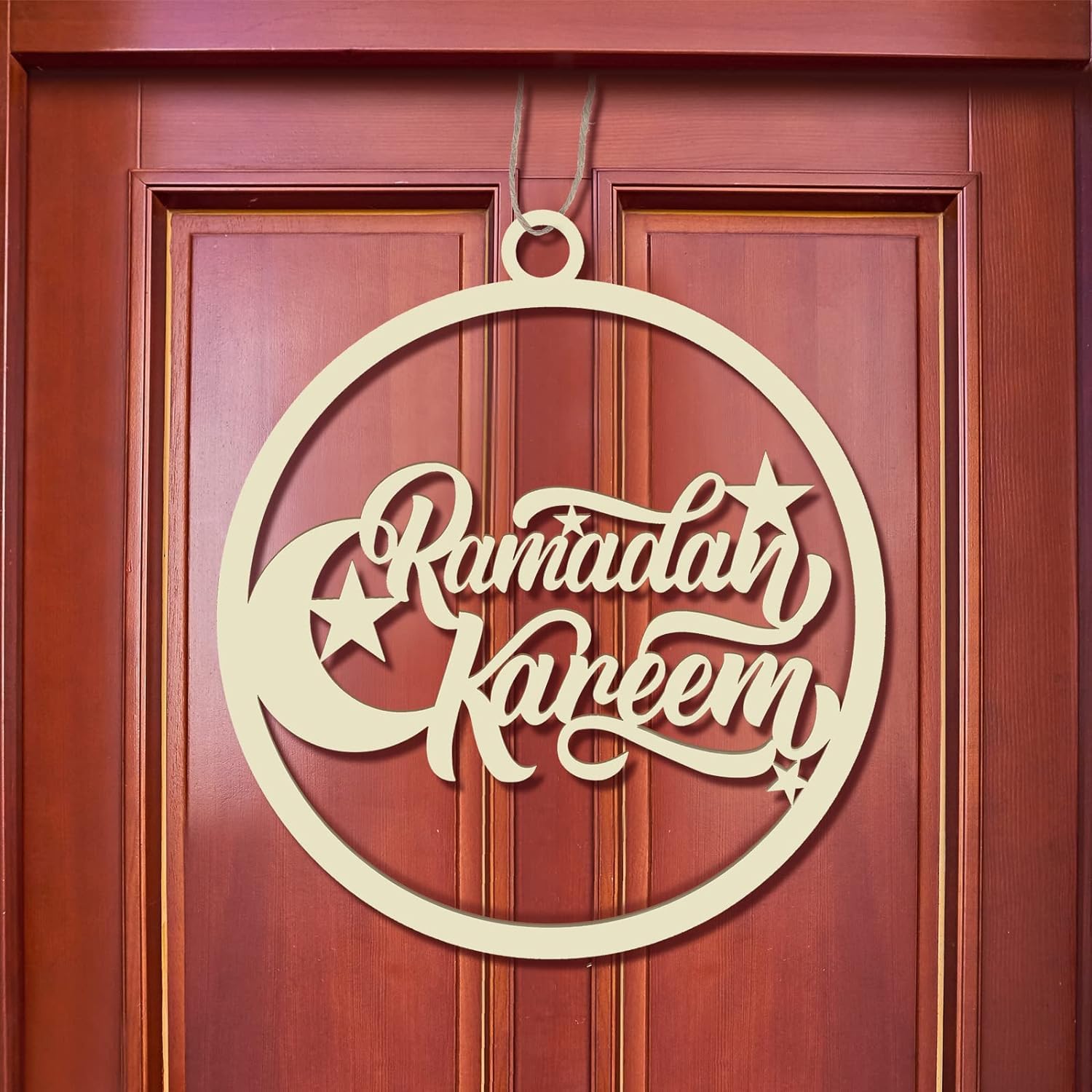 Eid Mubarak Decoration Wooden Ramadan Kareem Door Sign Round Eid Al Fitr Ramadan Hollow Wood Door Hanging Sign Islam Mubarak Wood Wall Pendant for Muslim Home Room Happy Ramadan Mubarak Party Supplies