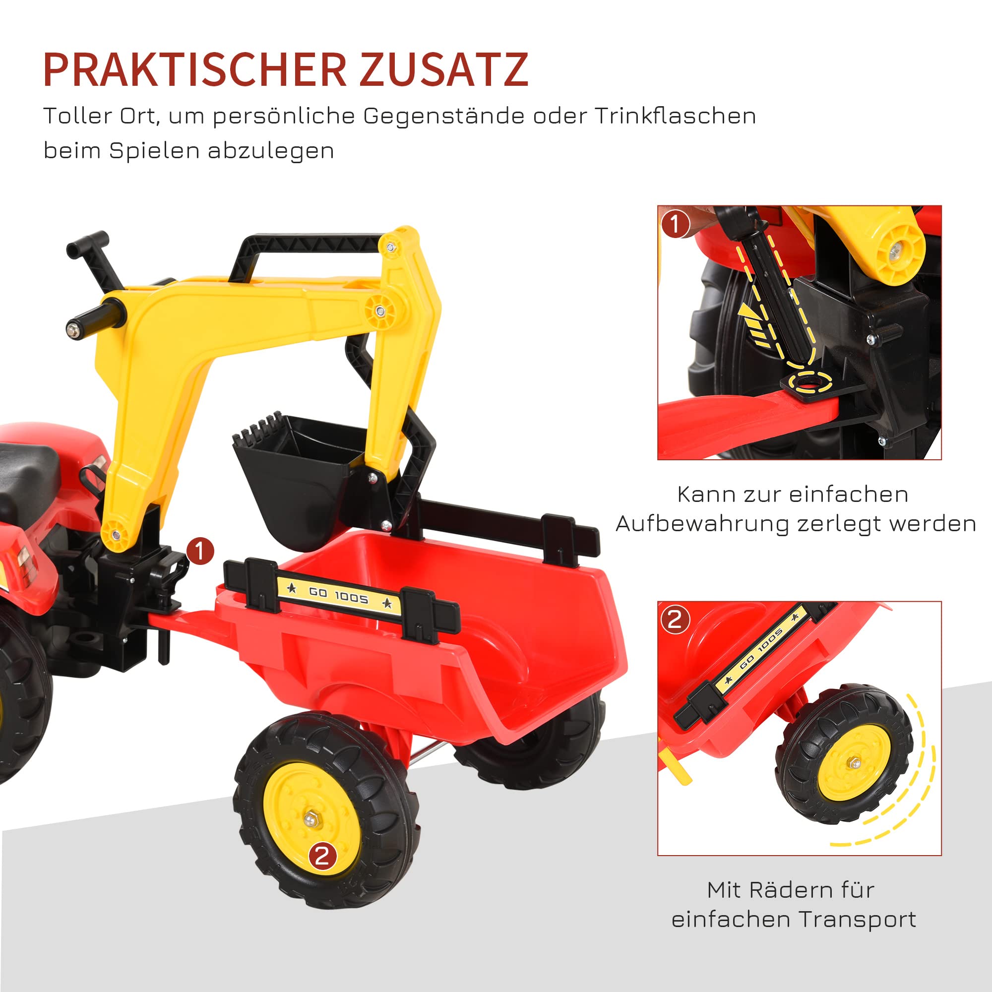 HOMCOM Trettraktor mit Anhänger, Frontlader, Verstellbarer Schaufel, Traktor Tretfahrzeug für Kinder ab 3 Jahren Rot