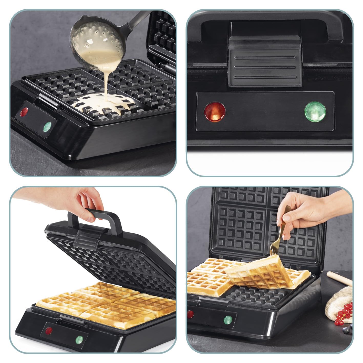 GOURMETmaxx Piastra per waffle per 4 waffle belghe | Macchina per waffle con rivestimento antiaderente, grado di doratura regolabile e spia luminosa | Fragranti cialde belghe preparate in modo