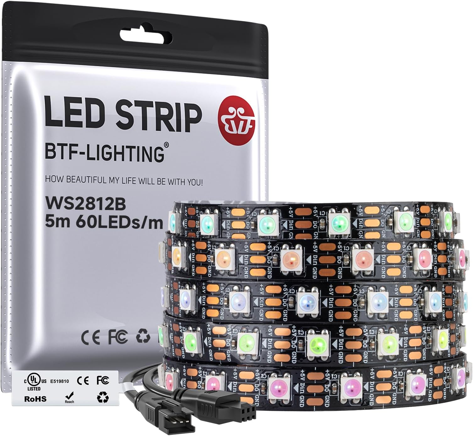 BTF-LIGHTING WS2812B IC RGB LED Strip,UL Listed,Pure Gold Wires,DC5V 16.4FT 300LED 5050SMD,Individually Addressable,Flexible for DIY Chasing Full Color Project,3M Tape,IP30(No Adapter or Controller)