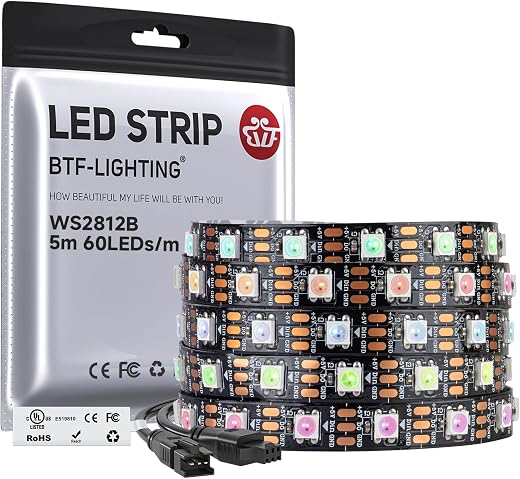 BTF-LIGHTING WS2812b 5m 60leds/pixels/m Flexible Black PCB Individually Addressable Led Strip Dream Color Non-waterproof D...