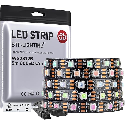 BTF-LIGHTING WS2812B IC RGB LED Strip,UL Listed,Pure Gold Wires,DC5V 16.4FT 300LED 5050SMD,Individually Addressable,Flexible for DIY Chasing Full Color Project,3M Tape,IP30(No Adapter or Controller)