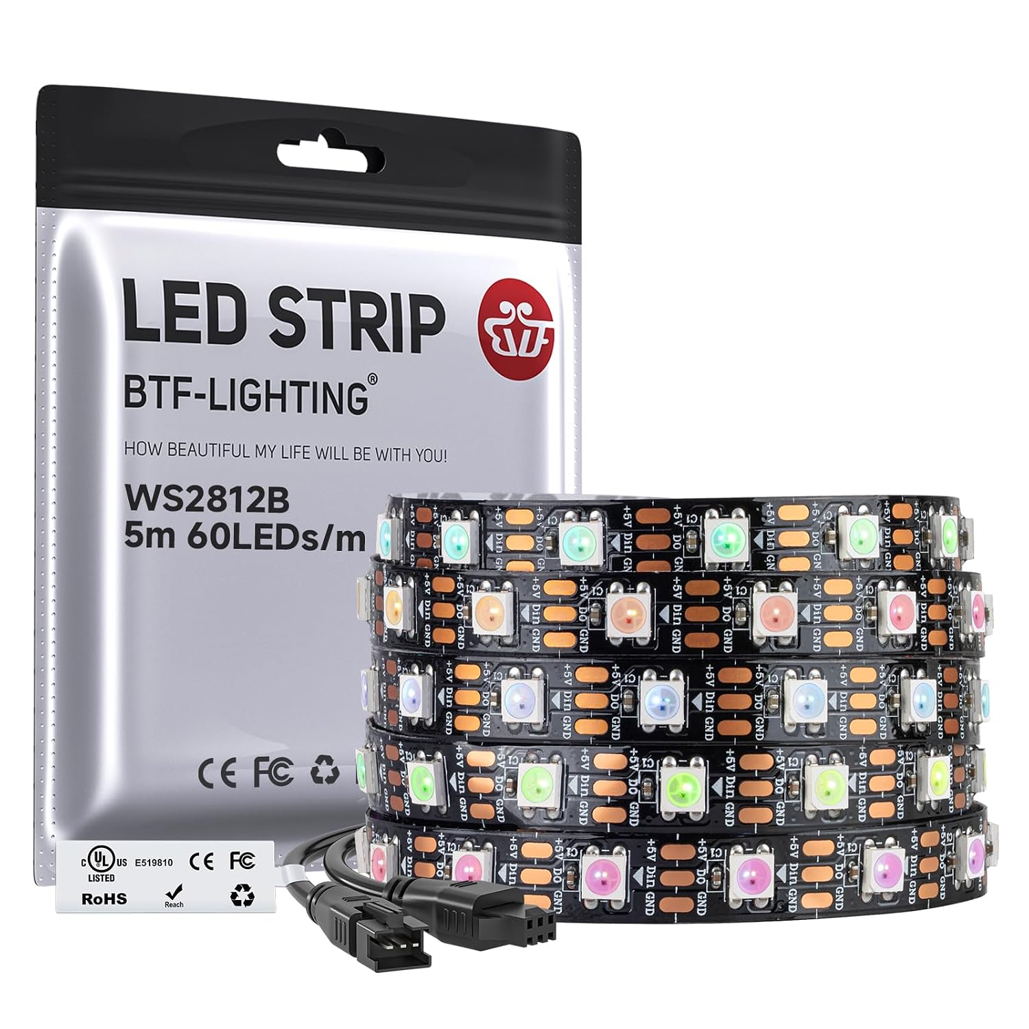 BTF-LIGHTING WS2812b 5m 60leds/pixels/m Flexible Black PCB Individually Addressable Led Strip Dream Color Non-waterproof D...