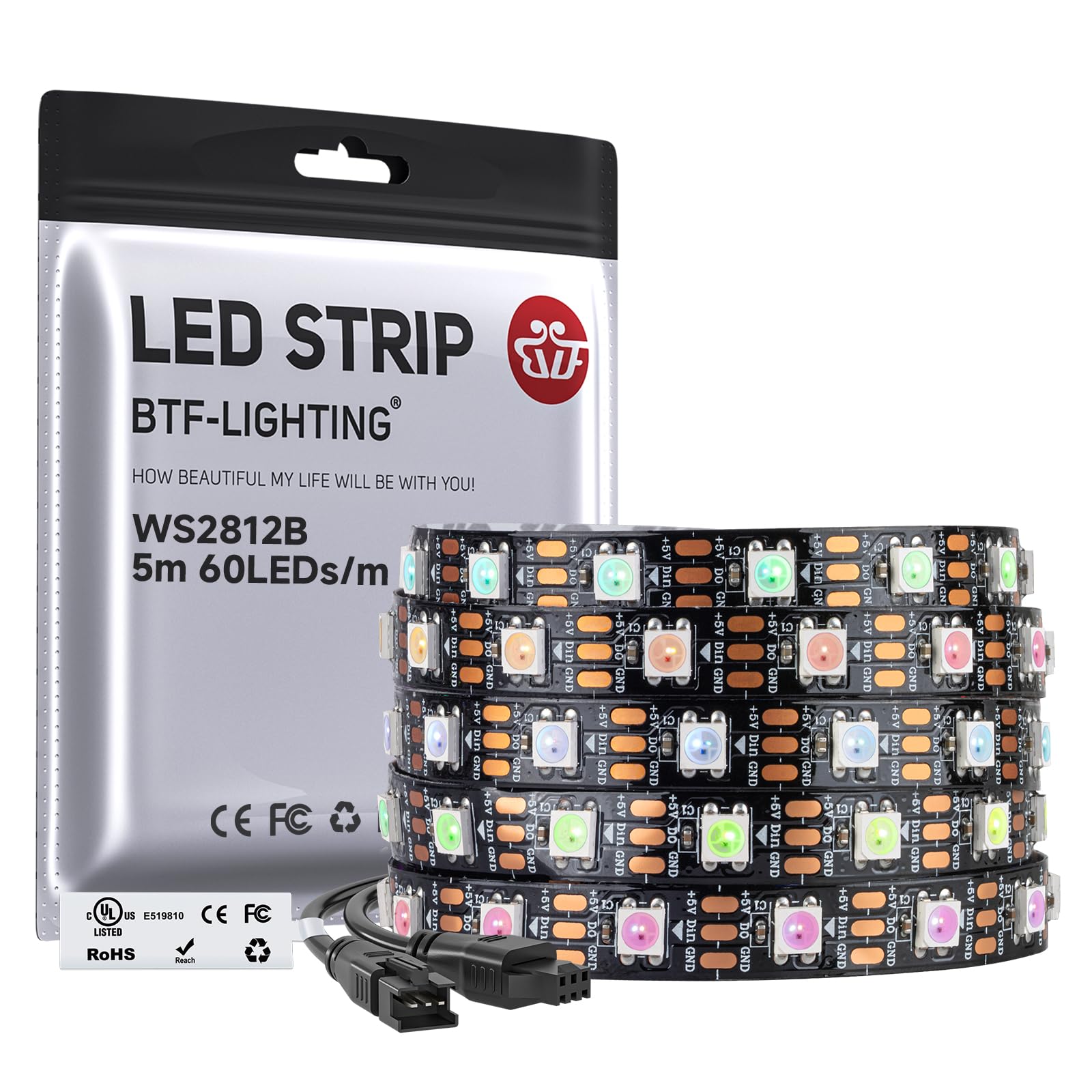 BTF-LIGHTING WS2812B 16.4ft 5m 60LEDs/Pixels/m 300leds Individually Addressable 5050SMD LED Strip Black PCB Full Color Flexible LED Pixel Strip Dream Color IP30 Non-waterproof DC5V for Indoor Lighting