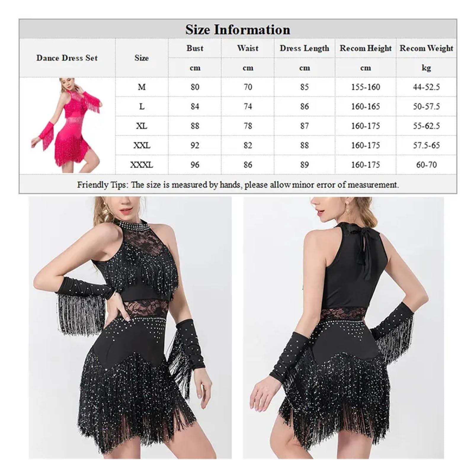 Abbigliamento da ballo latino Abito latino da donna in pizzo con strass Gonna con frange Gonna da ballo Salsa Samba Rumba Dancewear Abiti da scena for feste Completo e fascia da braccio(Blue,M)