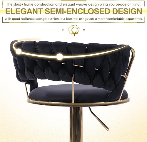 Miniatura 4 de KINFFICT Juego de 2 taburetes de bar giratorios de terciopelo, taburetes de bar ajustables con respaldo tejido, sillas de comedor tapizadas,
