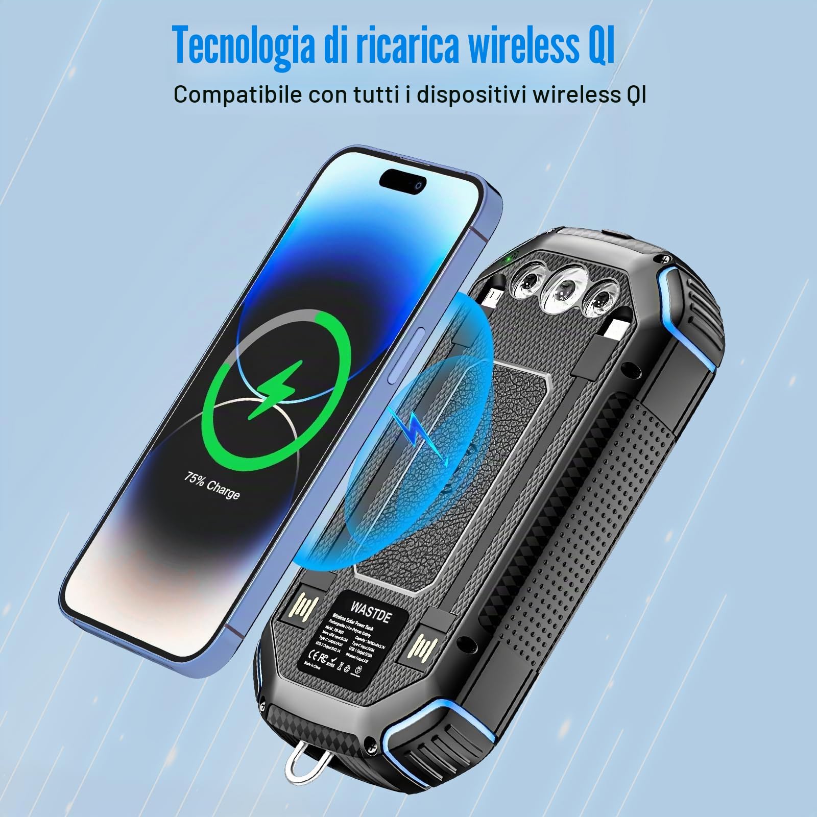 Powerbank solare wireless 26800 mAh con 3 cavi, Power Bank USB-C 15 W, ricarica rapida, 4 uscite, 3 ingressi per cellulare, caricatore solare per esterni, batteria esterna con torcia
