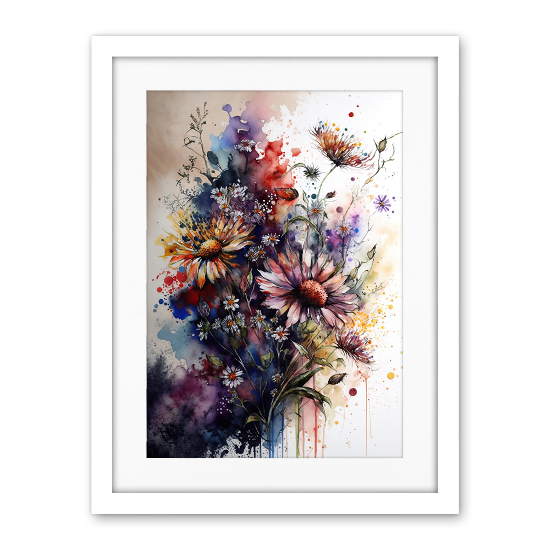 Artery8 Flower Bouquet over Watercolour Splat Illustration Artwork Framed Wall Art Print 18X24 Inch