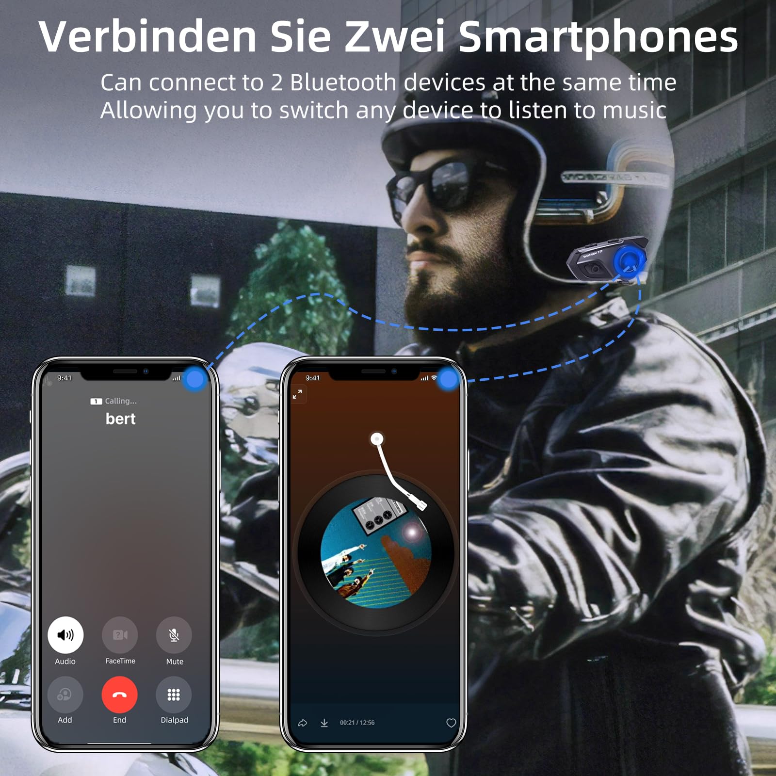 T2 Interfono Moto Auricolare 300M Sistema di Comunicazione con Wireless Bluetooth 5.1 IPX7 Impermeabile Cancellazione del Rumore DSP&CVC HiFi/Voce AI Interphone Casco Moto Auricolare