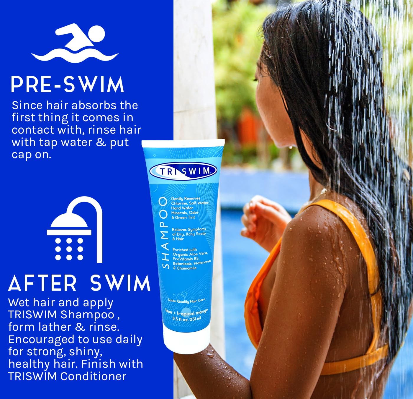 TRISWIM Chlorine Removal Shampoo 8.5oz | Removes Chlorine, Bromine, Hard Water Minerals & Saltwater| Hydrates & Restores Hair | Safe for Color-Treated Hair | Lime + Tropical Mango Scent - Image 3