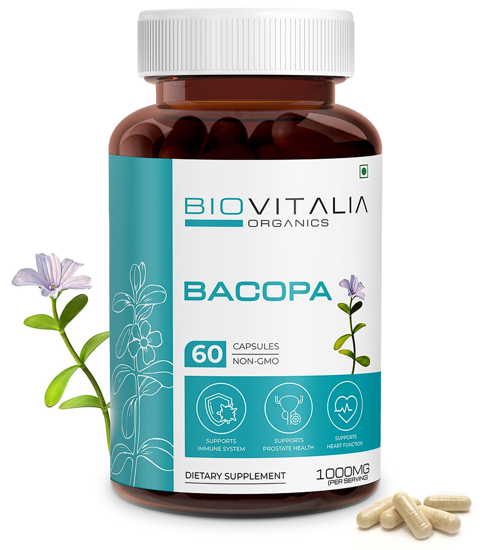 Capsule d'extrait de bacopa 1000 mg | Complément alimentaire | Promouvoir la fonction cérébrale | Soutient le système immunitaire - 60 capsules végétaliennes