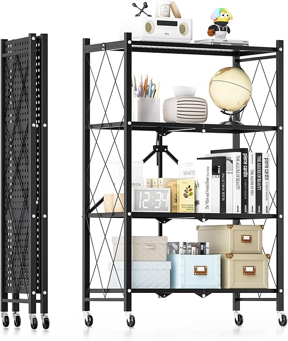 HealSmart Heavy Duty 4-Tier Foldable Metal Rack, 14.96" D x 27.95" W x 49.61" H Storage Shelving Unit 1000 lbs with Wheels Moving Easily Organizer Shelves Great for Garage Kitchen, Black