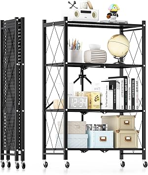 HealSmart Heavy Duty 4-Tier Foldable Metal Rack, 14.96" D x 27.95" W x 49.61" H Storage Shelving Unit 1000 lbs with Wheels Moving Easily Organizer Shelves Great for Garage Kitchen, Black