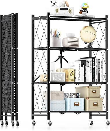 HealSmart Heavy Duty 4-Tier Foldable Metal Rack, 14.96" D x 27.95" W x 49.61" H Storage Shelving Unit 1000 lbs with Wheels Moving Easily Organizer Shelves Great for Garage Kitchen, Black