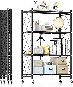 HealSmart Heavy Duty 4-Tier Foldable Metal Rack, 14.96" D x 27.95" W x 49.61" H Storage Shelving Unit 1000 lbs with Wheels Moving Easily Organizer Shelves Great for Garage Kitchen, Black