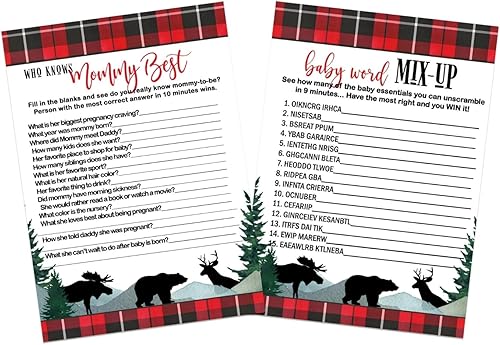 Paper Clever Party Lumberjack Baby Shower - Paquete de tarjetas de juego 2 en 1 25 cada uno incluye Baby Word Scramble Who Knows Mommy Best Red