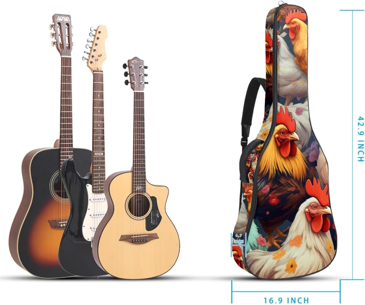 Acoustic Guitar Bag, 40 41 42 Inch Guitar Case Cover Soft Guitar Gig Bag for Acoustic Electric Bass Classical Guitar, Chickens and Roosters
