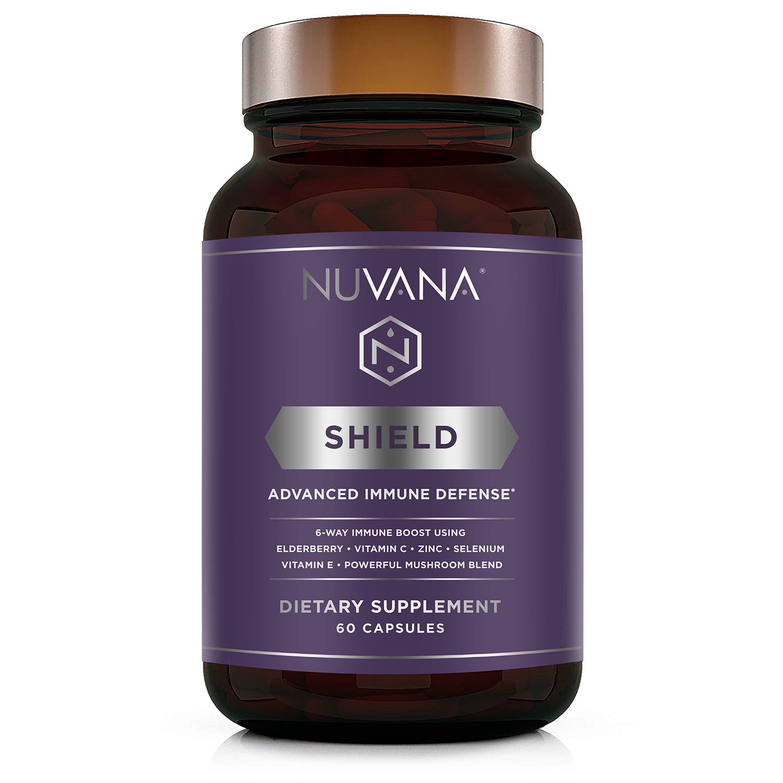 Shield 6-Way Advanced Immune Support | Daily Supplement of Elderberry, Reishi, Maitake, Cordyceps, Chaga Mushrooms, Zinc, Vitamin C & E and Selenium | 60 Vegan Capsules