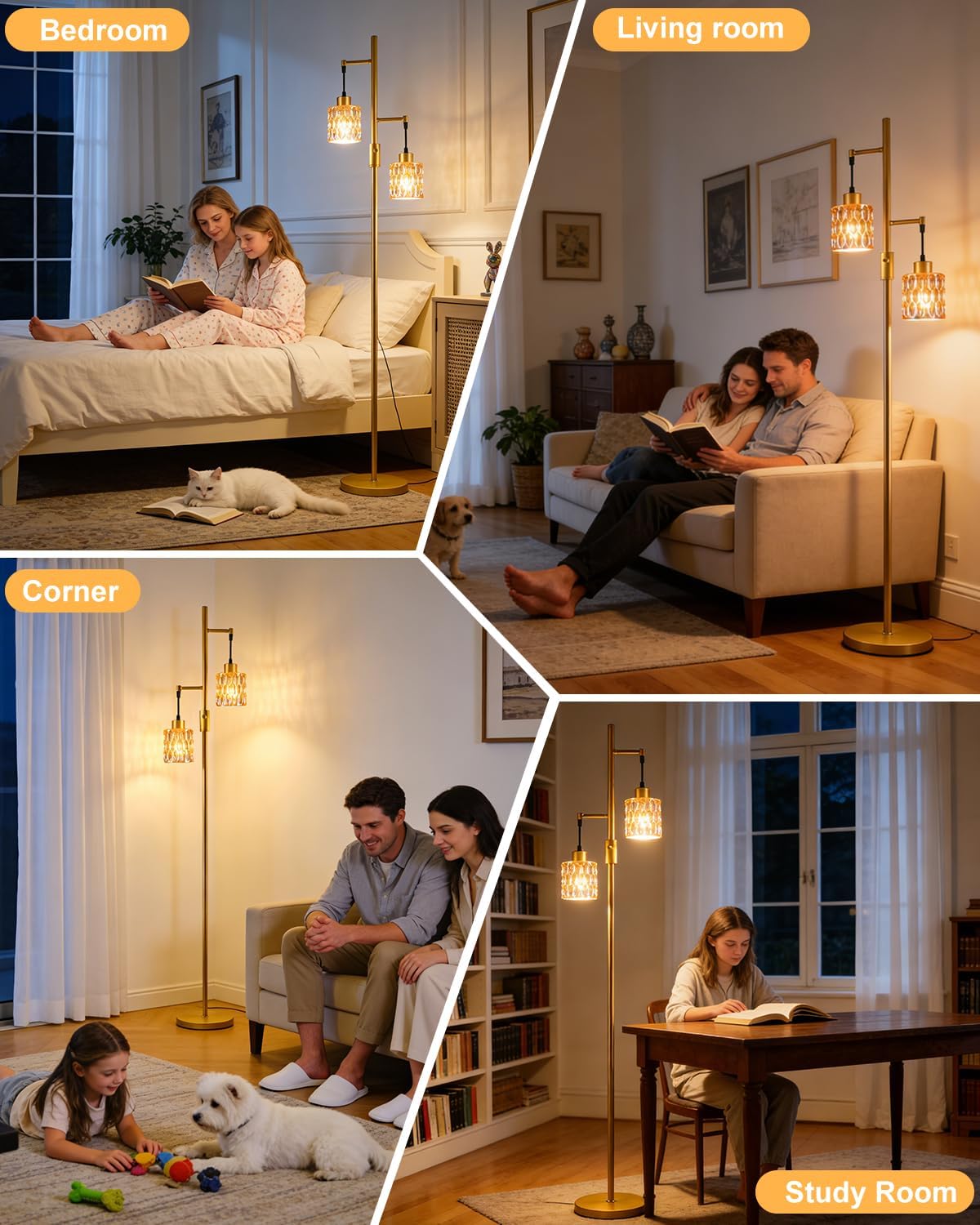 Lightdot 65IN Industrial Gold Floor Lamp for Living Room, 2- Light Dimmable Brown Glass Floor Lamps with 3000K Warm White Bulbs, Modern Farmhouse Tree Standing Tall Lamp for Bedroom Office Home Decor