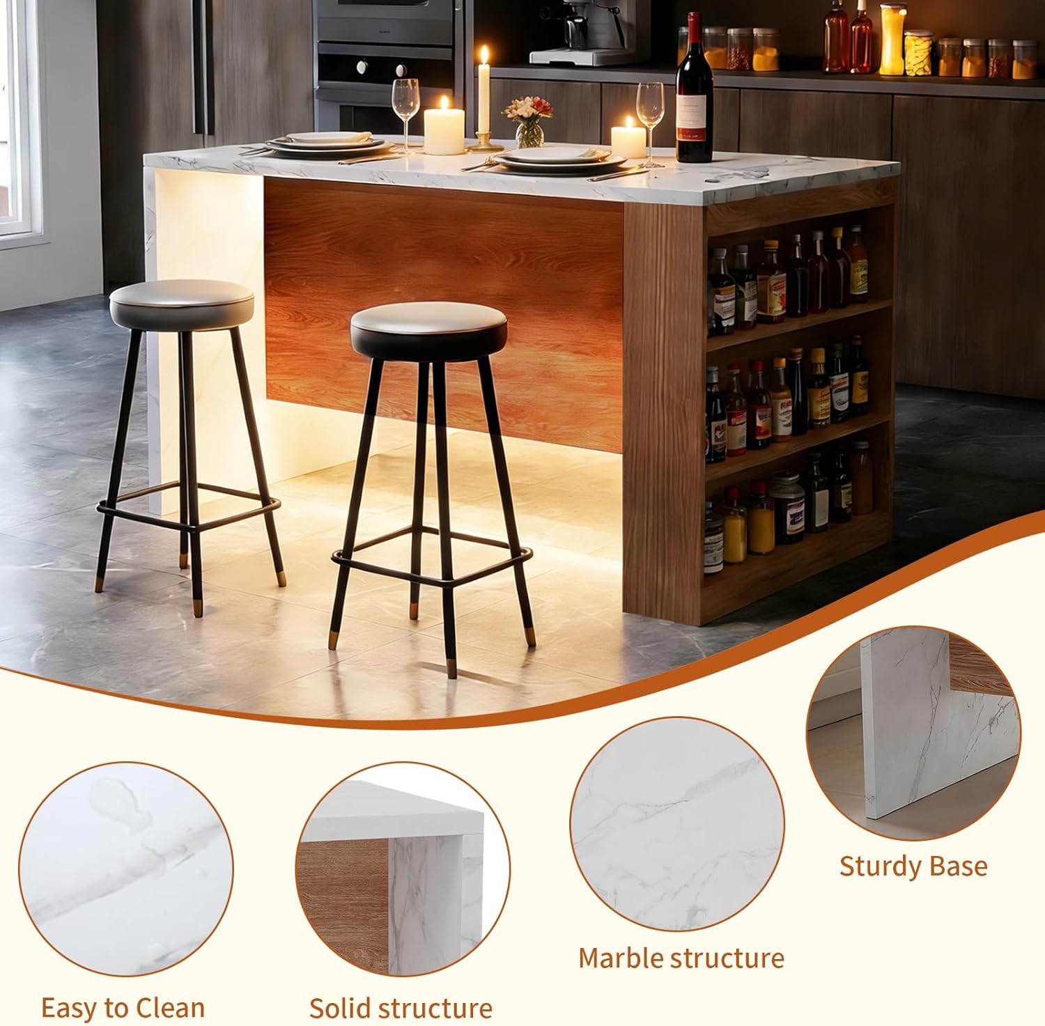 Large Island Table with Storage Space, Modern Imitation Marble Counter Height Dining Table with Power Outlet & LED Lights, Faux Marble Wooden Dining Table for 4-6, 61"x31"x35.4"