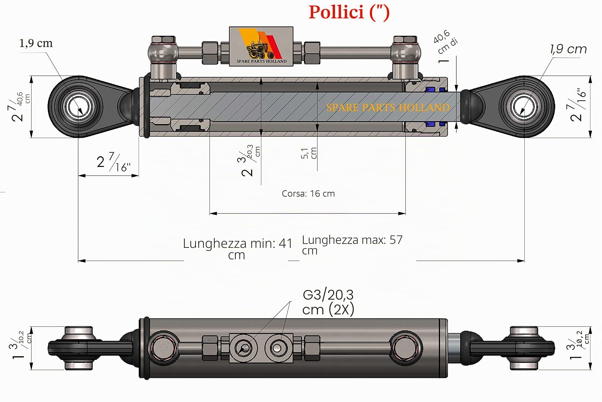 Terzo punto idraulico per trattore 410-570 mm 2 tubi