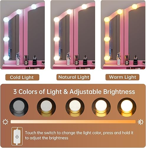 Miniatura 4 de Tiptiper Escritorio de tocador con espejo de tres pliegues y luces, tocador de maquillaje con taburete tapizado de madera, escritorio de maquillaje