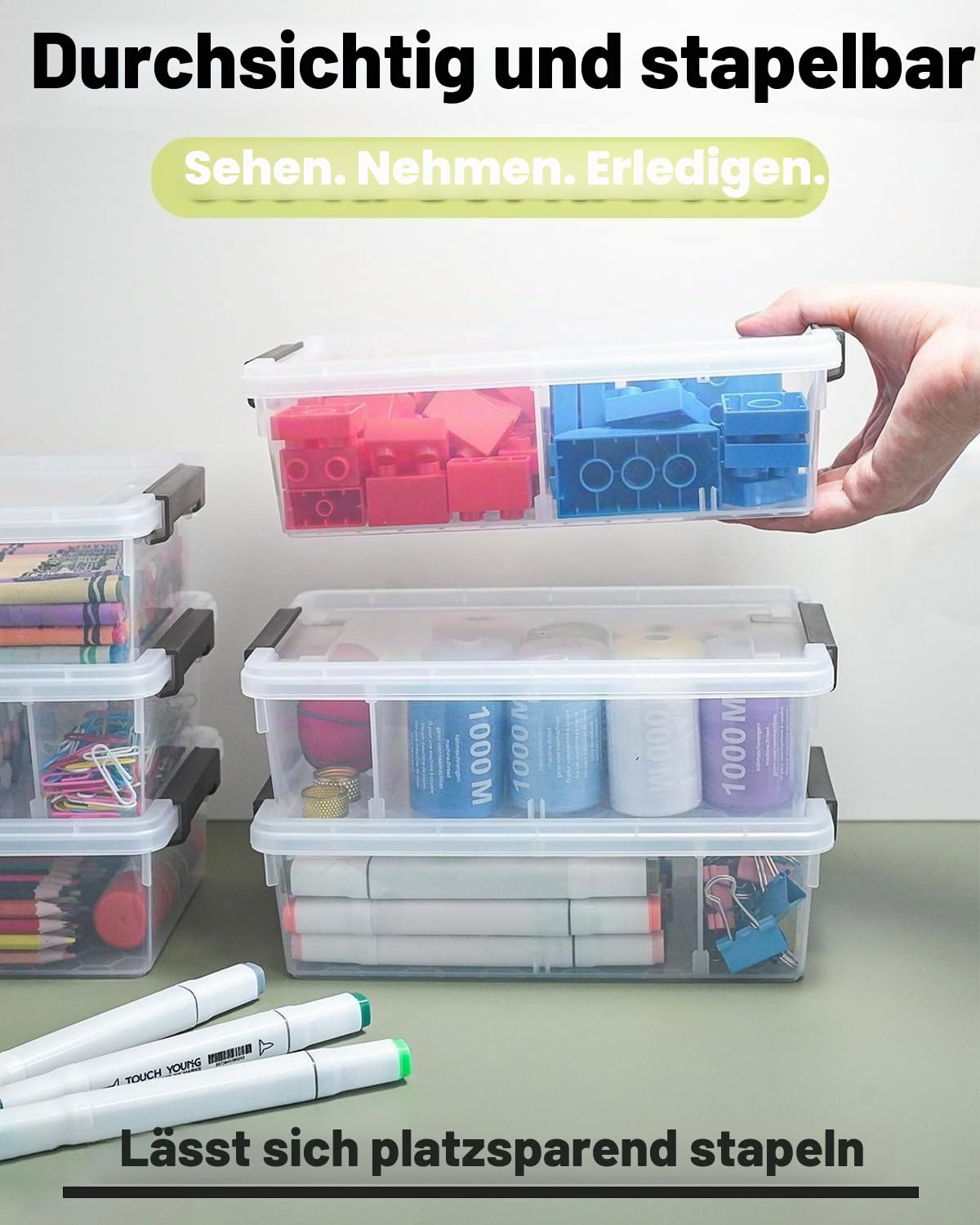 12er-Set 2.1L Aufbewahrungsbox mit deckel klein (23.6x15x7cm), Verdickte Aufbewahrungsboxen mit Fächern, klare Plastikbox mit Deckel,Stapelbar Storage Boxes für Stifte Bausteine Bastelmaterial