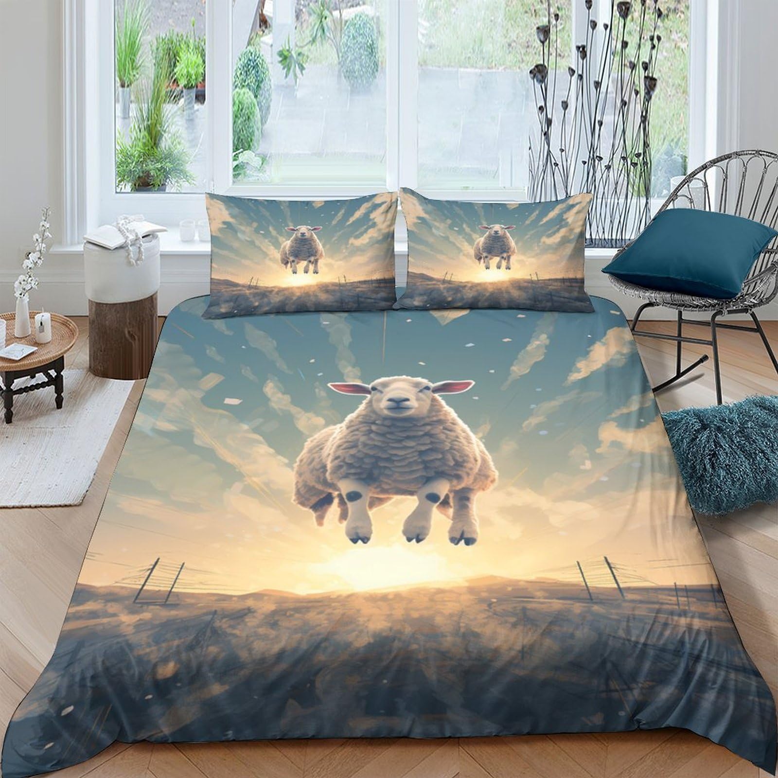 Ctjqhvkz Style-2 3D Printed Flying Sheep Fitted Sheet Microfiber Soft Breathable Sunset Field Mattress Cover Bedroom Decor Single（135X200cm）