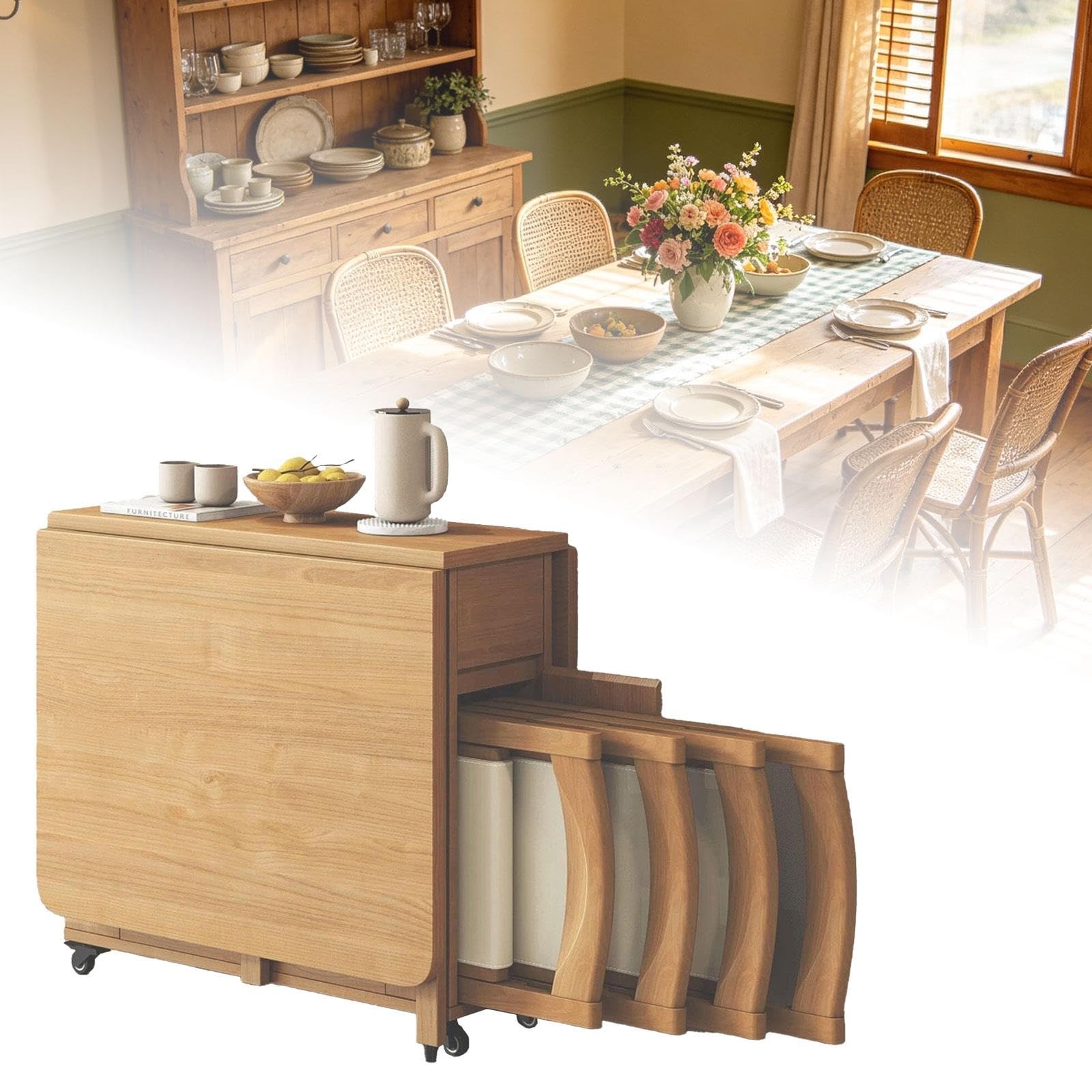 Table à Manger Pliante en Bois Massif, Extensible avec 4 Chaises