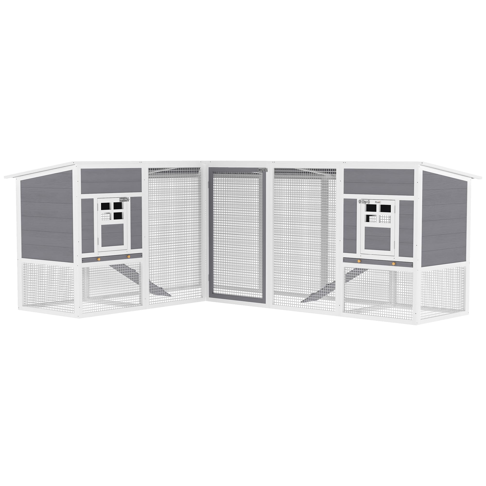 PawHut Pollaio in legno a forma d'angolo 99"L con recinto grigio | 2 case, pollaio esterno, tetto impermeabile, rampe, giardino