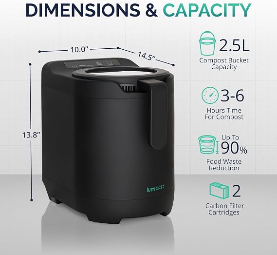 Luma by Newair Electric Composter for Kitchen | 2.5L Odorless Kitchen Composter | Dishwasher Safe Indoor Compost Machine | 90% Volume Reduction in 3-6 Hours