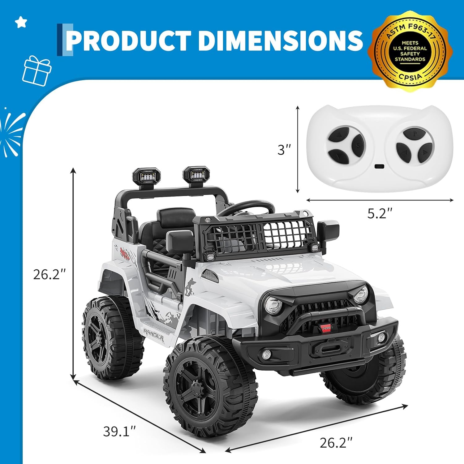 Product dimensions of the Hetoy ride-on truck and remote control