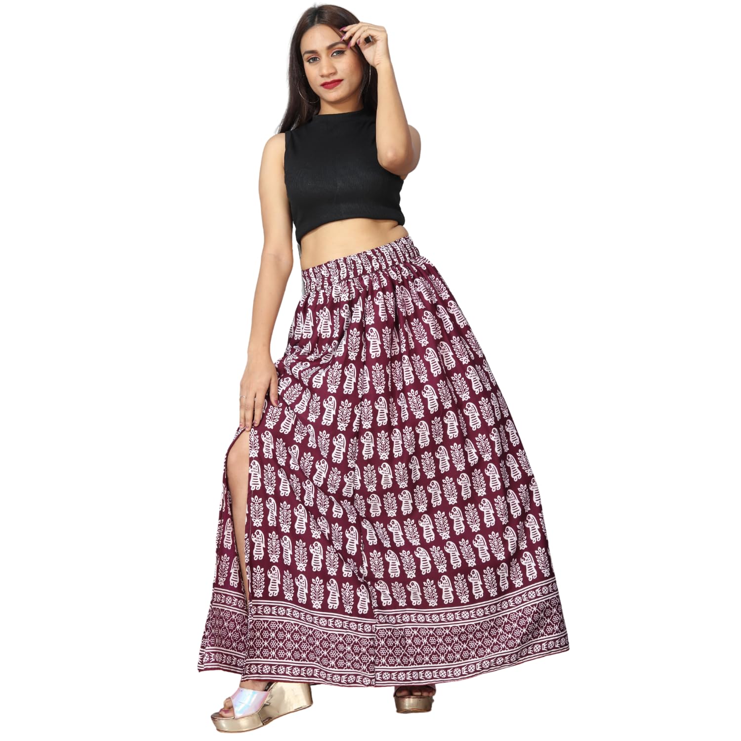 pelton Women's Cotton Printed Maxi Skirt, Navy Blue and White, A-Line Flared Long Skirt with Side Slit, Elastic Waist, Boho Ethnic Style for Summer Beach Festival Casual Wear-picture-31