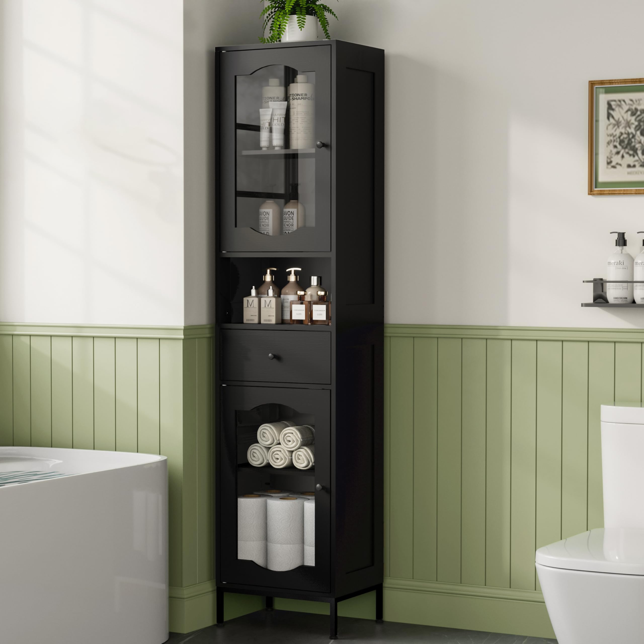Badezimmerschrank Schmal mit 2 Acryltüren & Schublade, 170cm Badschrank Hochschrank für Badezimmer, 5 Fächern & Verstellbare Ablagen, 30 x 40 x 170 cm, Schwarz