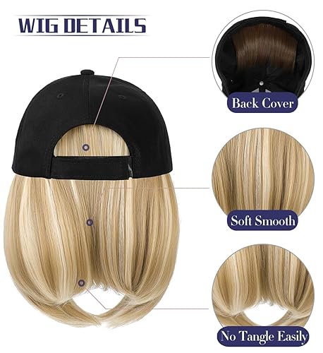 Miniatura 4 de Qlenkay Gorra de béisbol con extensiones de cabello recto, fleco corto, peinado ajustable, extraíble peluca y sombrero ,14 pulgadas para mujer y niña