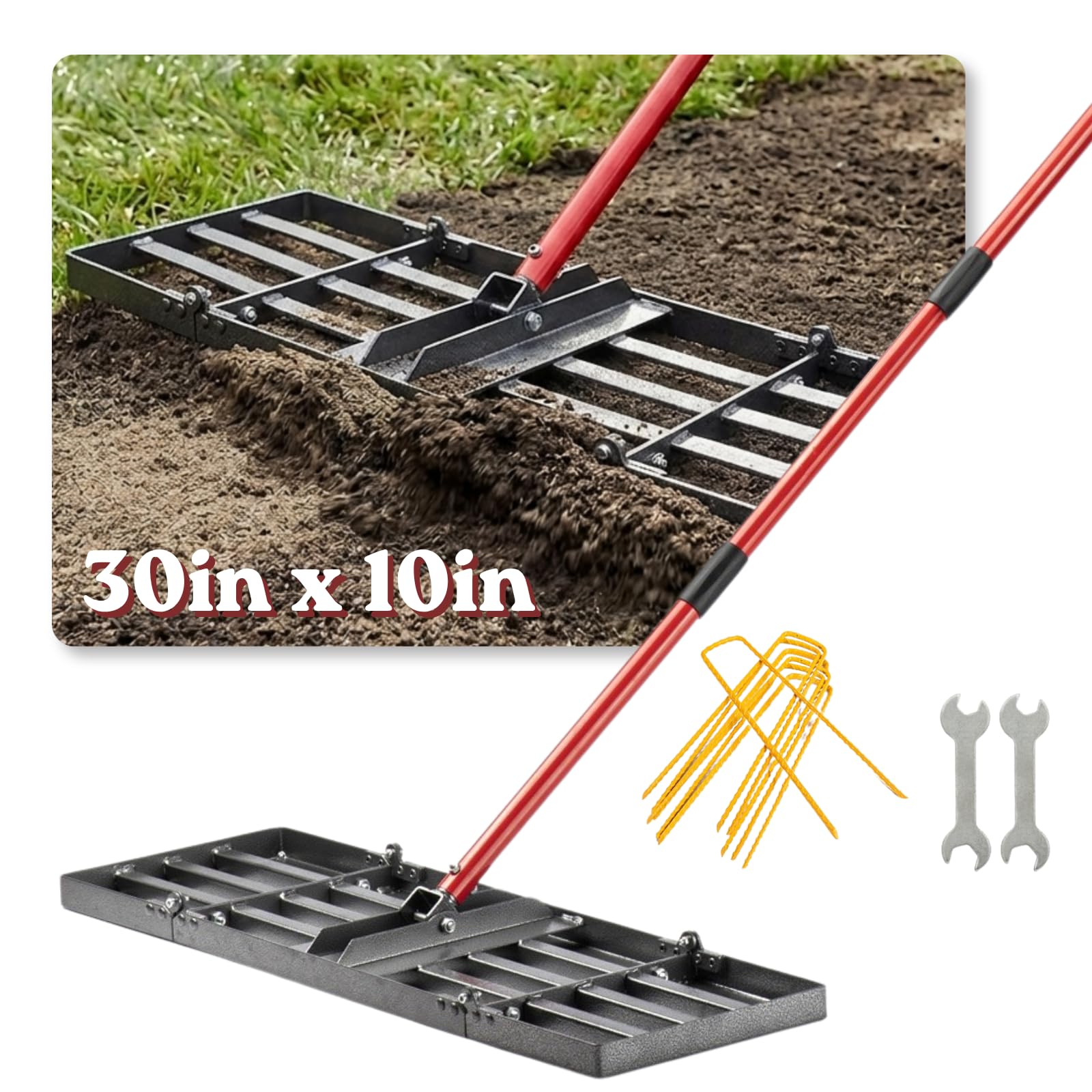 Zenhosit Rastrillo nivelador de césped – Nivelador de césped con mango de acero ajustable de 78 pulgadas, placa de tierra de 30 x 10 pulgadas para patio, césped, suelo nivelado, tierra de tierra o