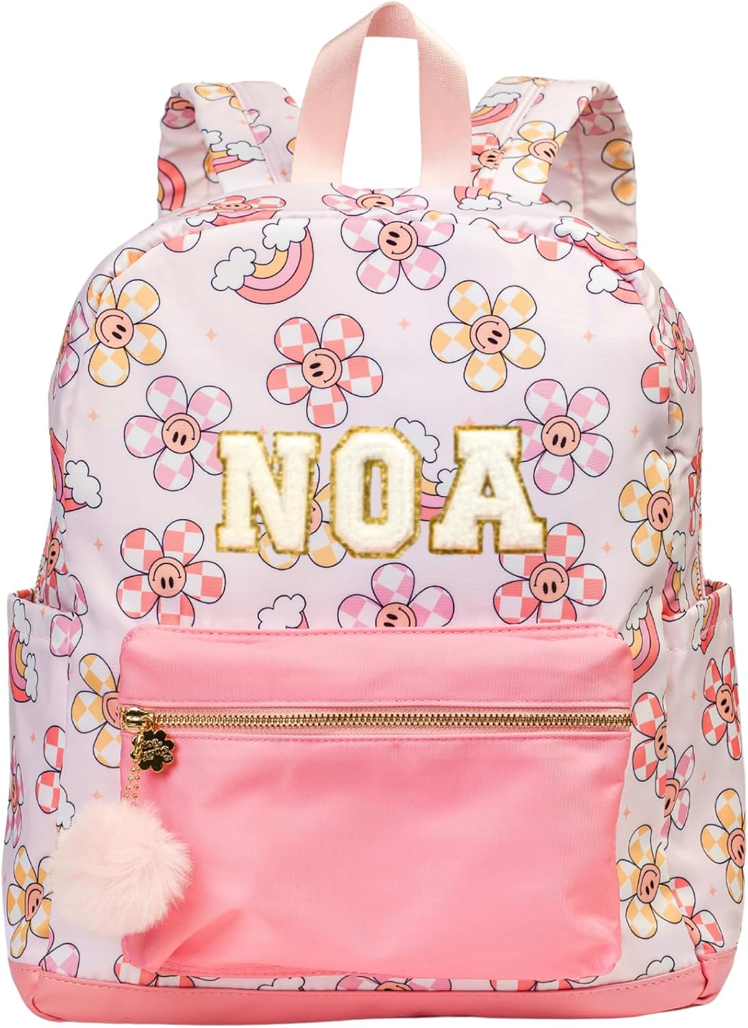 Noa Jayne Co. Personalized Daisy 16" Backpack for Elementary Girls Ages 5-8 – Custom Name School Bookbag with Sewn-On Chenille Letter Patches, Pom Pom Keychain, Easy-Clean Fabric & Faux Leather Bottom