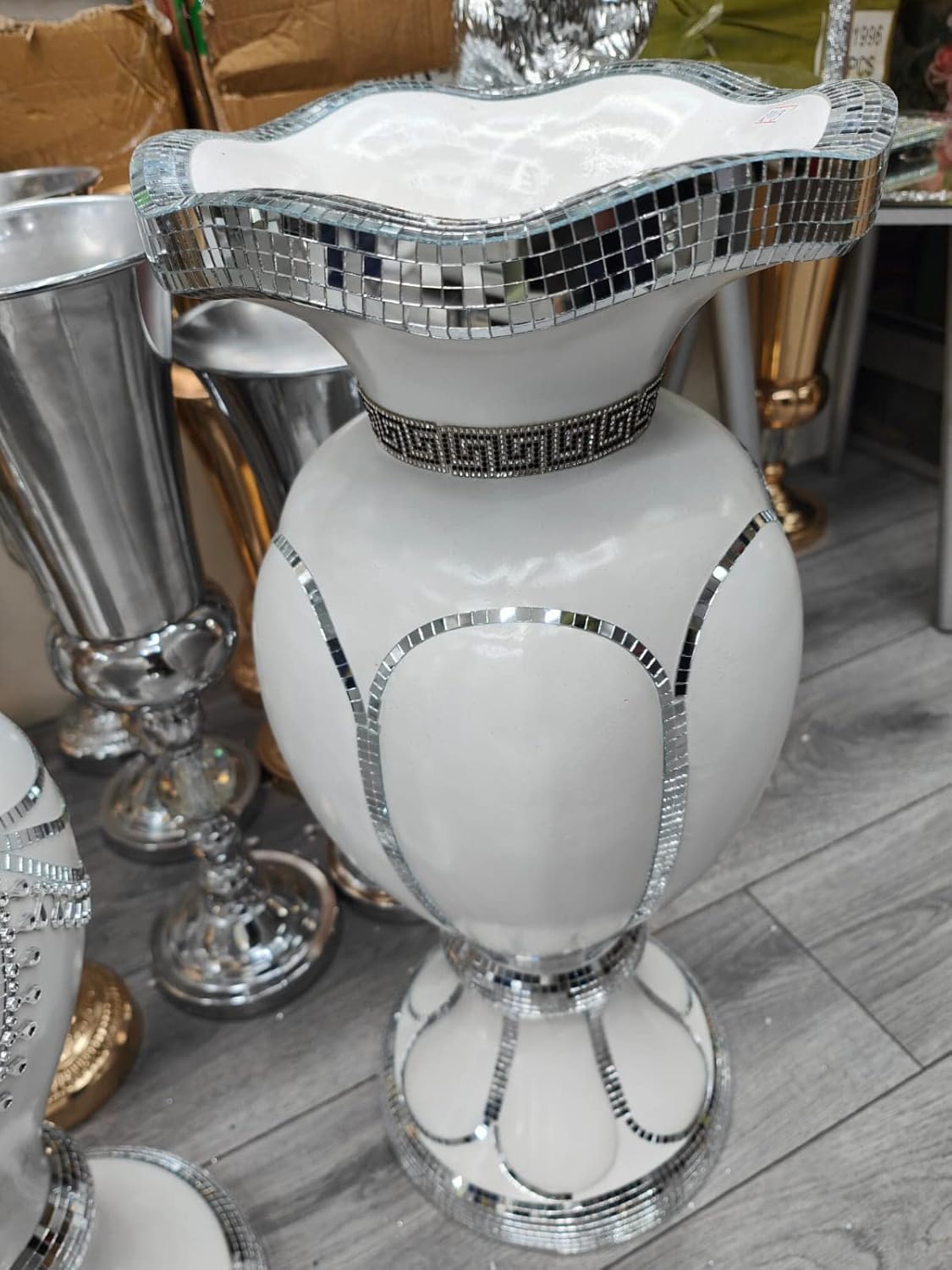 Shabjy White Silver White & Silver Sparkly Floor Vase – 60X40cm Romany Style Crushed Diamond Mirrored Mosaic Italian Flower Pot Venetian Decorative Modern Tall Vase For Home Décor
