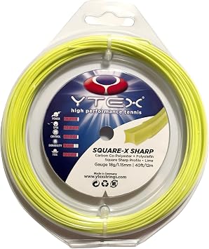 YTEX Square-X Sharp Tennis String, Lime, Carbon Co-Polyester, 18g/1.15mm, 40ft/12m, High Performance