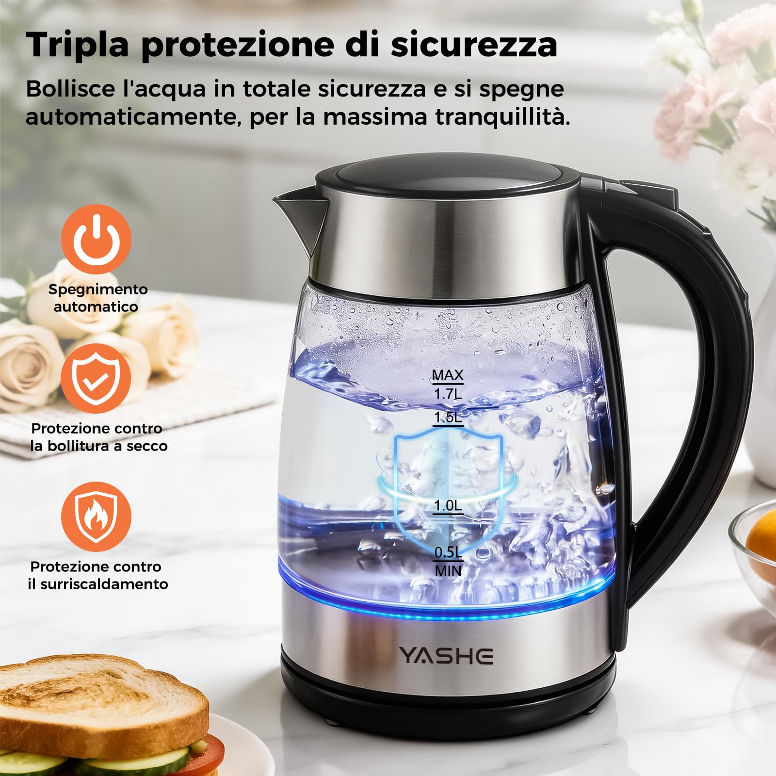 YASHE Bollitore Elettrico in Vetro con Controllo Temperatura, 1,7L Bollitura Rapida 2200W, Display LED a 5 Colori, 30 Min Mantenimento in Caldo, Filtro Anticalcare
