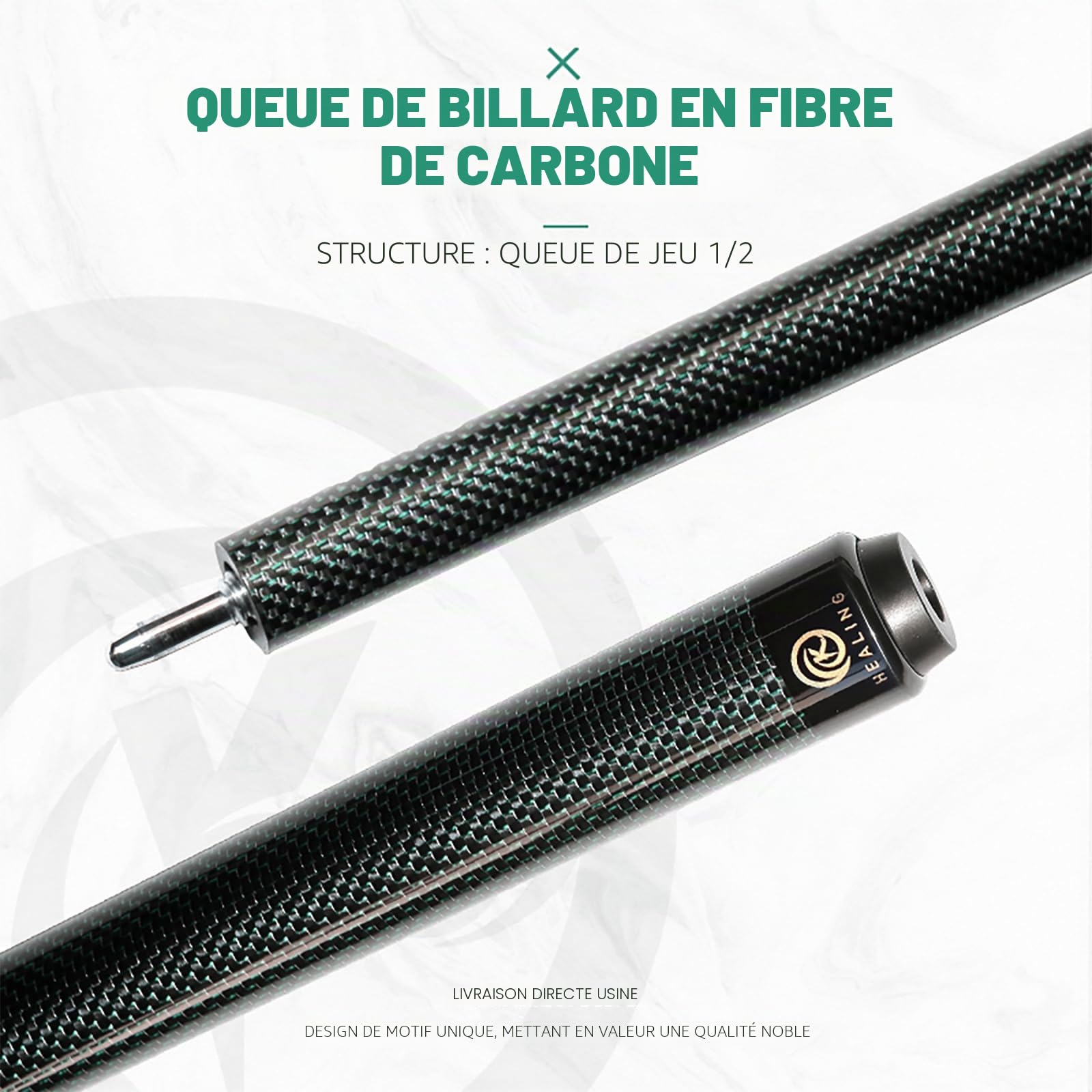 KHEALING Queue de billard en fibre de carbone de 58 pouces, structure 1/2, connecteur à 3 dents, pointe de 12,4 mm, 540-567 g, convient pour les joueurs de billard professionnels