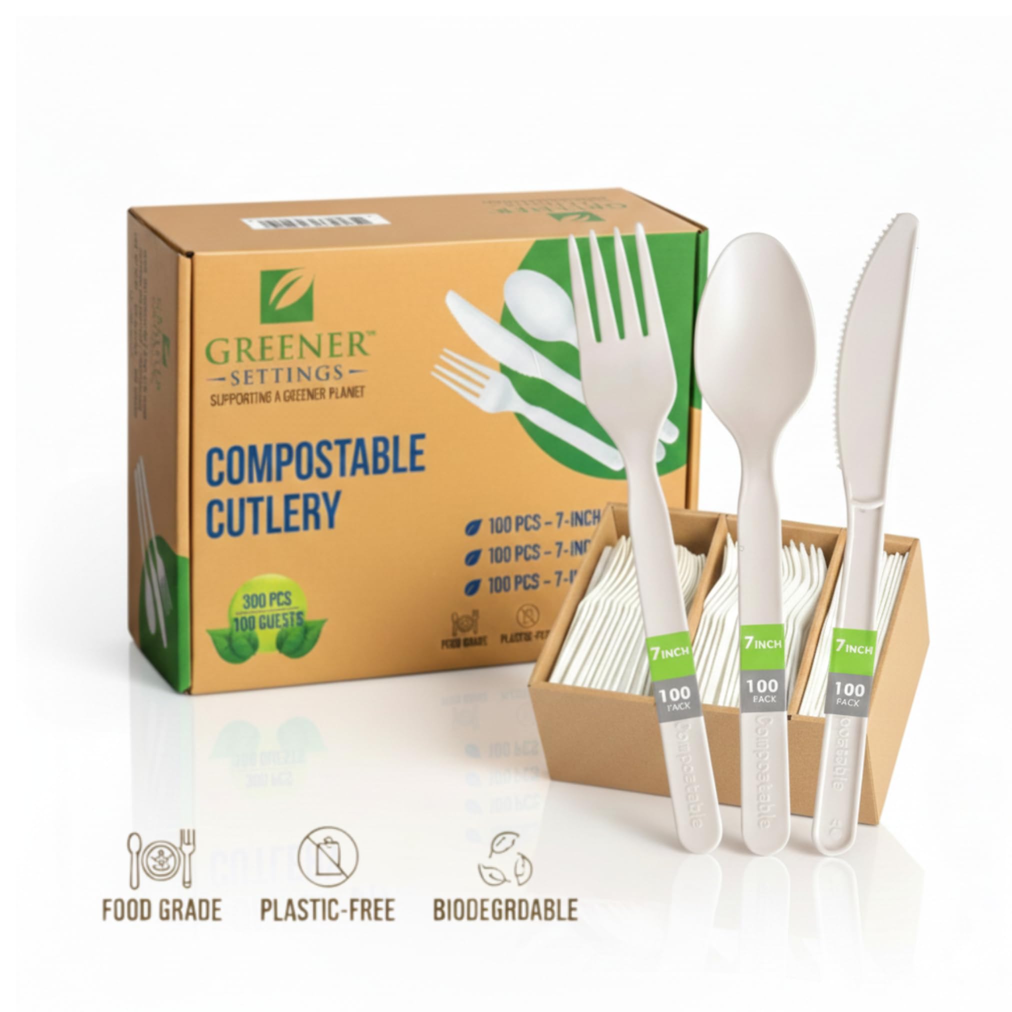 Juego de cubiertos 100% compostables, tenedores, cucharas, cuchillos, 300 utensilios desechables de 7 pulgadas, alternativa duradera resistente al calor a los cubiertos de plástico con práctica