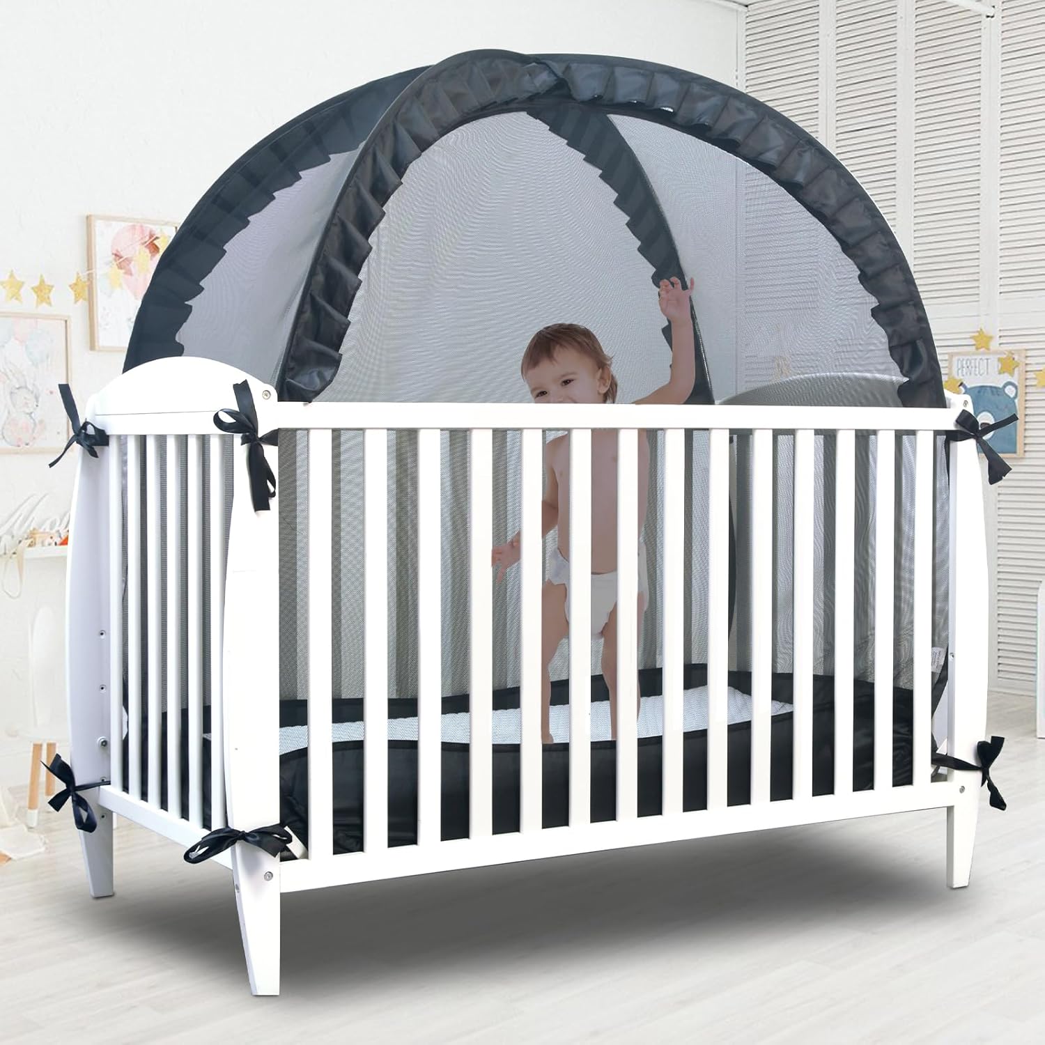 tupi Baby Crib Tent Safety Net to Keep Baby in, Pop Up Crib Tent Canopy Keep Baby from Climbing Out, Mosquito Net for Baby Crib, Ultra Stable Frame, Durable Strong Self-Locking Zipper, Black