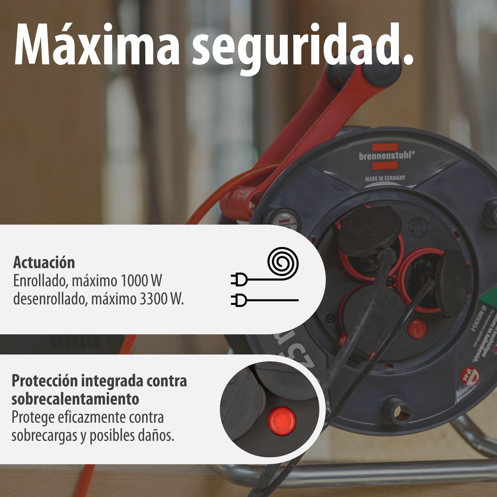 Brennenstuhl Garant V2 IP44 Enrollacables 25m exterior (Fabricado en Alemania, 3 conexión a tierra-enchufes, protección contra sobrecalentamiento, uso a corto plazo en exteriores)