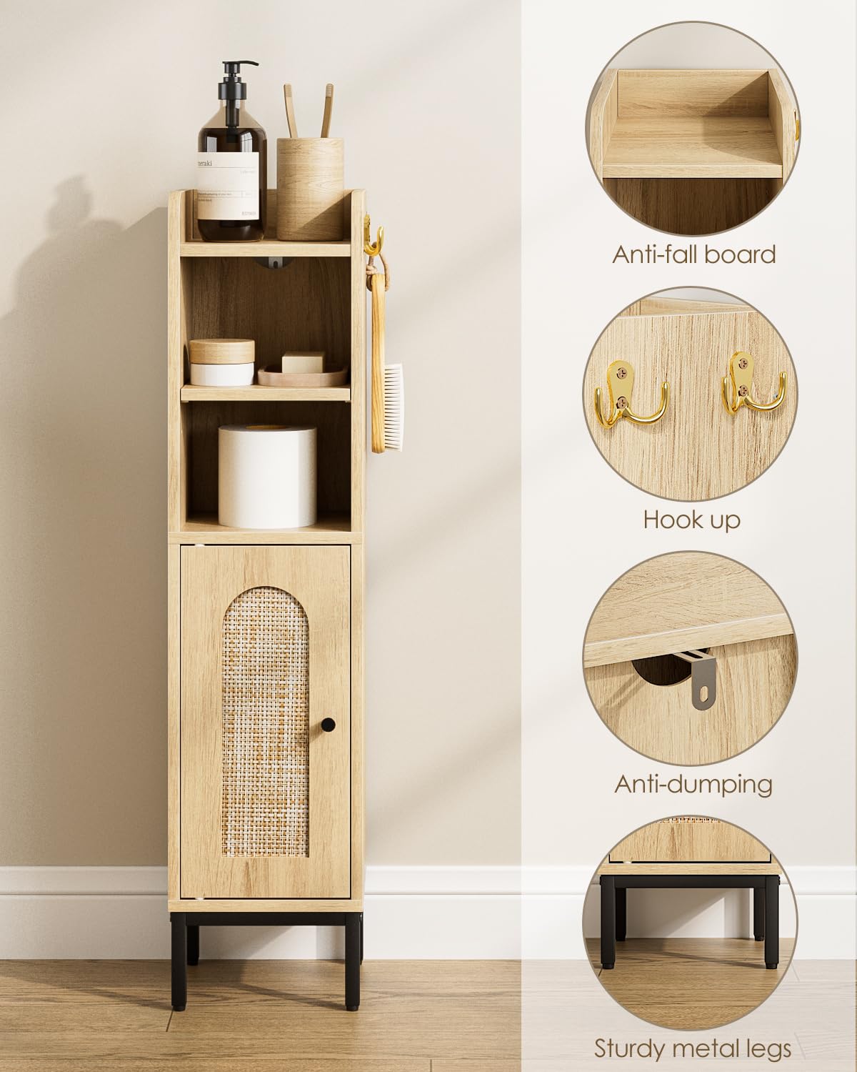 HEYZOEY Armario de baño estrecho de pie, armarios altos de baño con puerta, armario estrecho para baño, cocina, salón, dormitorio, balcón u oficina, ratán negro