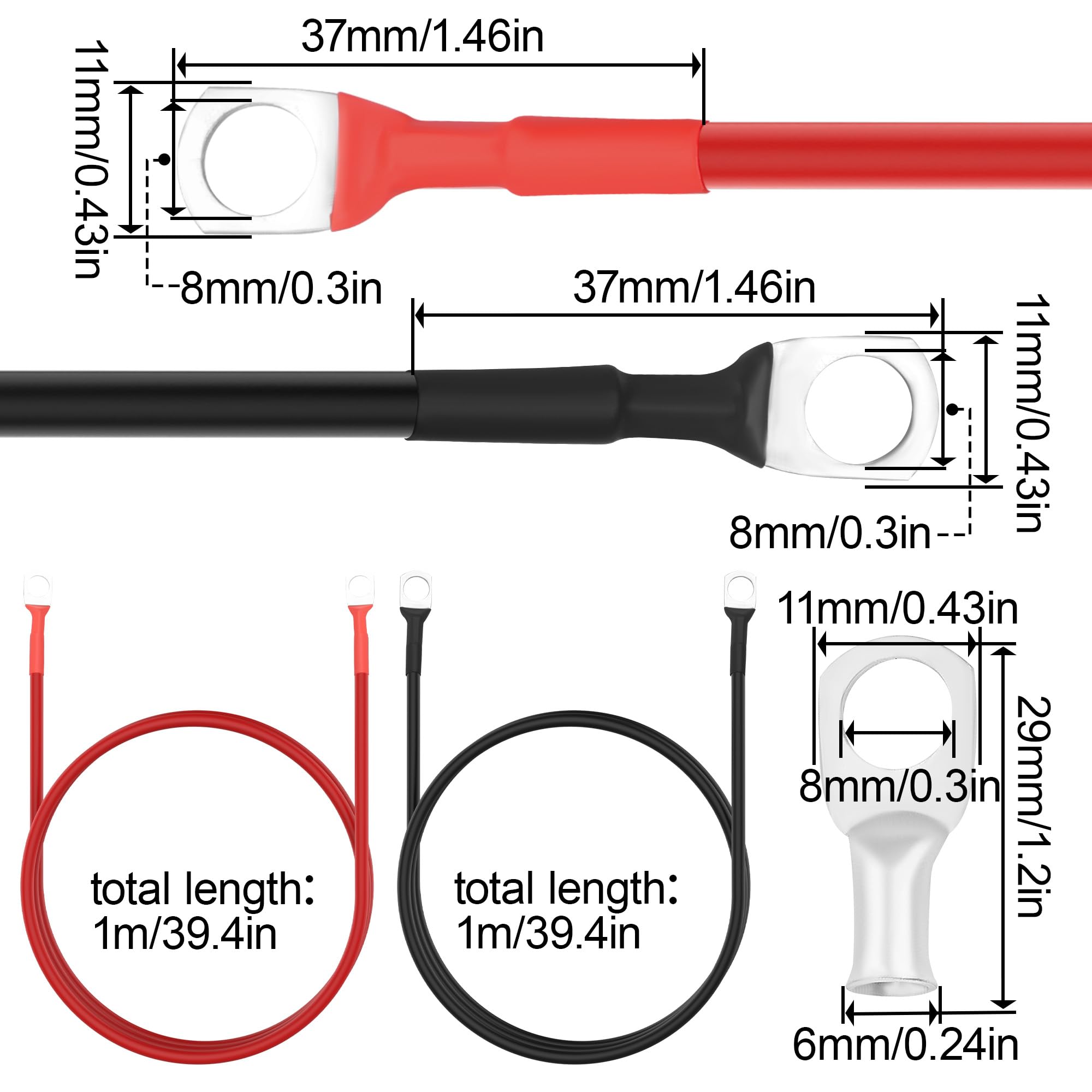 8 AWG Cable de batería,de cobre puro de calibre 8 con terminales de 5/16", optimizado como cable para inversores de coches, autocaravanas, baterías y sistemas solares de 12 V/24 V